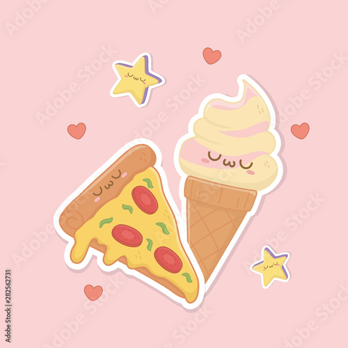 ice cream cone and pizza kawaii characters