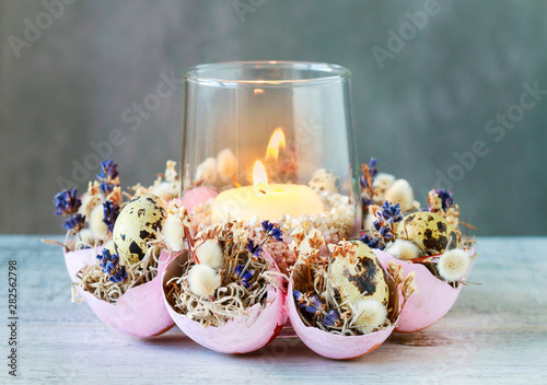 How to make Easter table decoration with egg shells, spanish moss and catkins photo