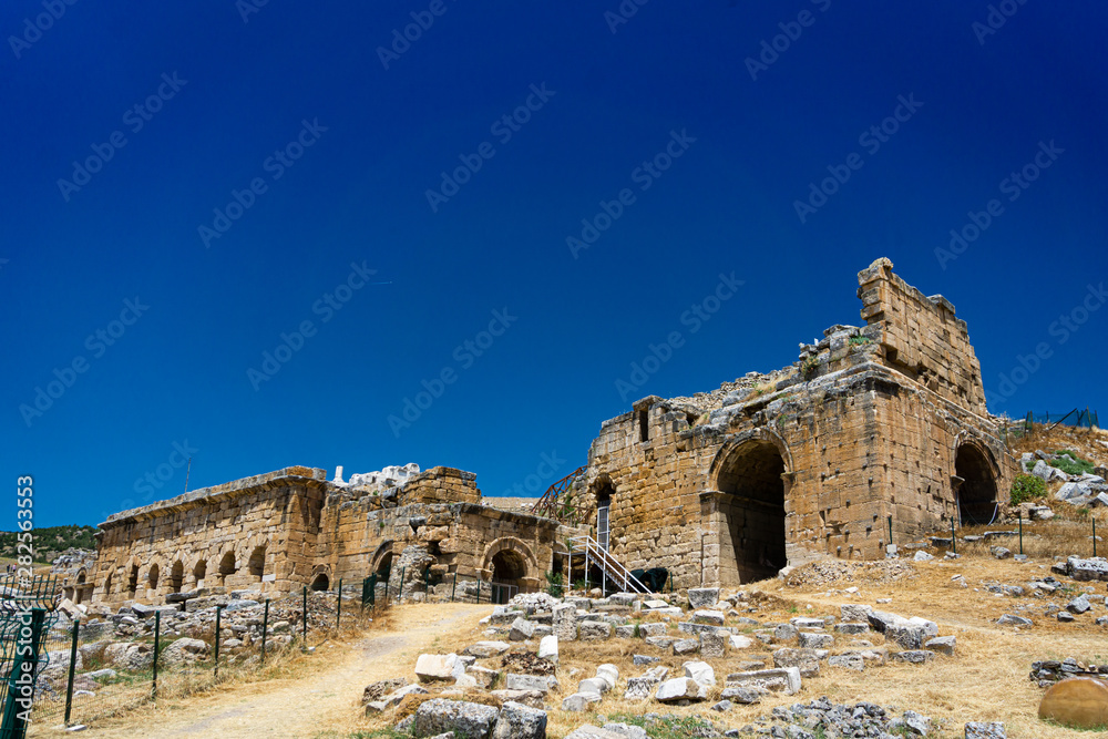 Hierapolis Ancent City ruins in Pamukkale, Denizli, Turkey. Roman theater exterior view.