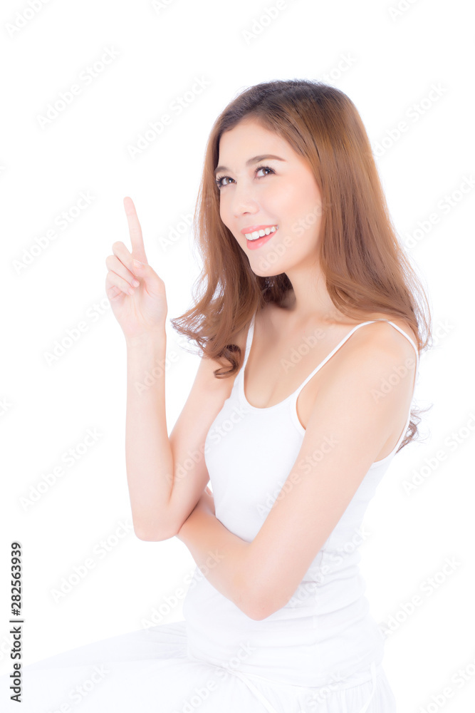 Portrait of beautiful asian woman makeup of cosmetic, beauty of girl with face smile and finger point something attractive isolated on white background, perfect with wellness and healthcare concept. Portrait of beautiful asian woman makeup of cosmetic, beauty of girl with face smile and finger point something attractive isolated on white background, perfect with wellness and healthcare concept.