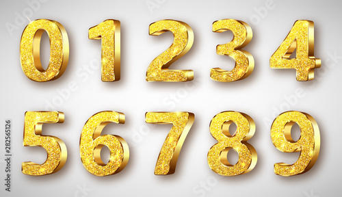 Golden metal unique numbers set with sparkles, realistic vector illustration. Glossy or shining gold metal symbols or signs from 0 to 9, isolated on white background