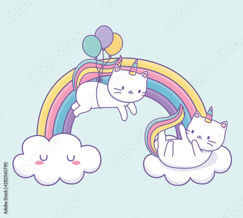 cute cat with rainbow tail and balloons helium kawaii character
