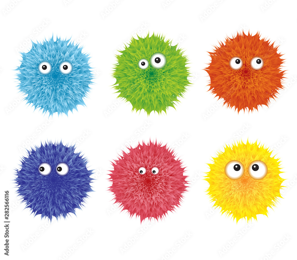 Set of colorful cartoon fluffy pompom. Fur shaggy balls with eyes. Red,  pink, blue, green, yellow furry shapes. Vector fuzzy toy isolated on white  background. Wool bacterium or microbe. Funny design. Stock-Vektorgrafik