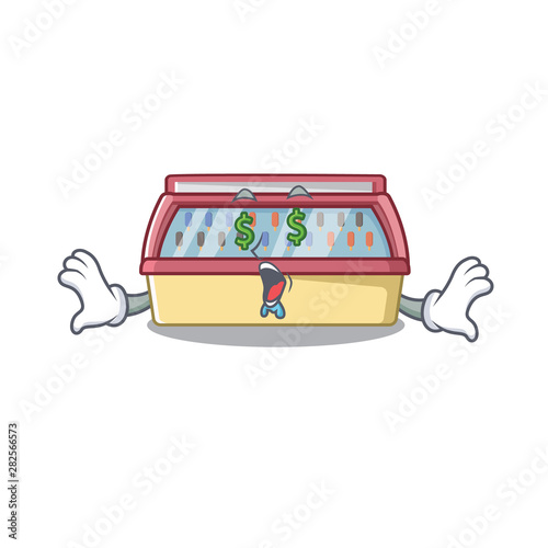 Money eye ice cream freezer in cartoon shop