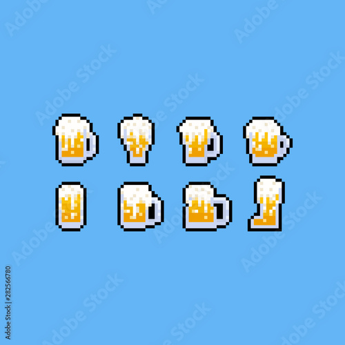 Pixel art beer mug icon set.8bit.Oktoberfest.