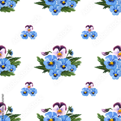 Seamless pattern with Pansies isolated on white background. 