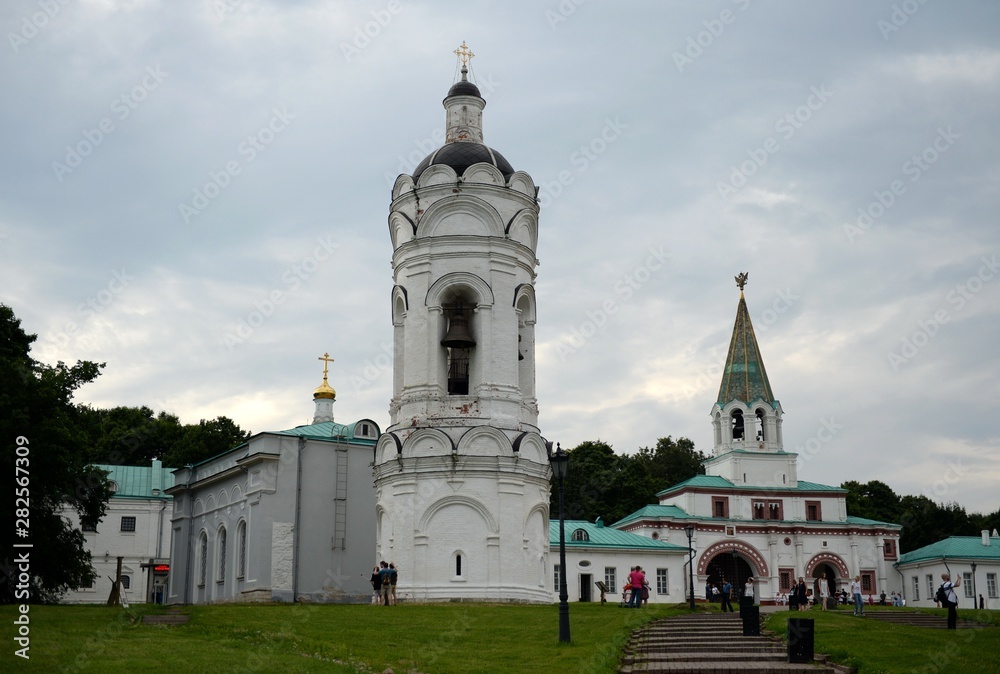 The bell tower of the Church of St. George and the water tower in the architectural ensemble of the Moscow Royal estate Kolomenskoye