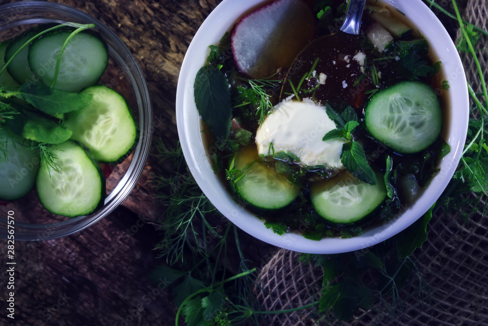 traditional Russian dish, a cold soup okroshka traditional Russian dish, a cold soup okroshka