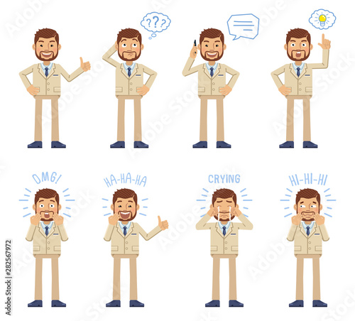 Set of businessman characters posing in different situations. Cheerful businessman thinking, talking on phone, pointing up, laughing, crying, surprised, happy. Flat style vector illustration