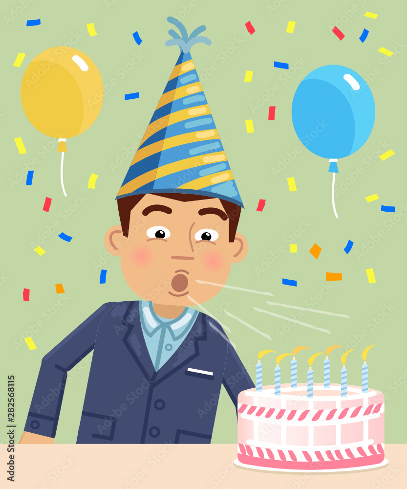Illustration of a businessman blowing on birthday cake candles