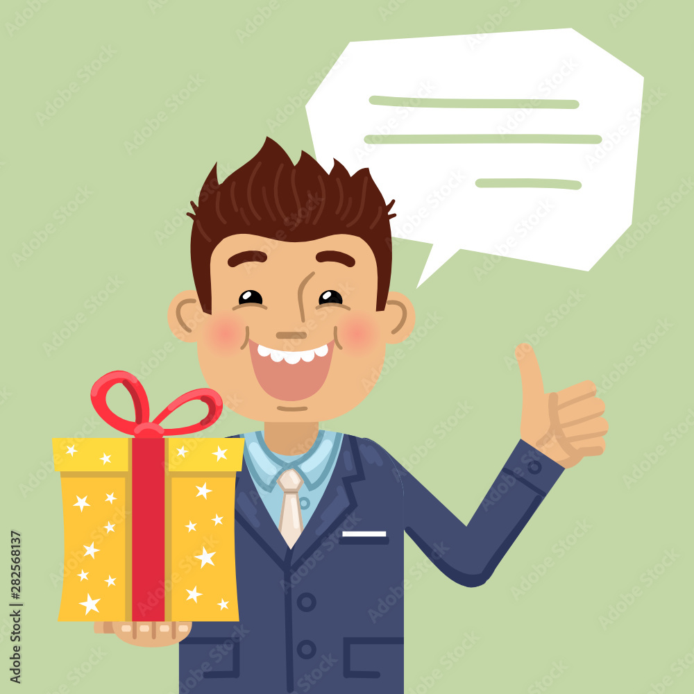 Illustration of a businessman with a gift box showing thumb up gesture. Birthday party, celebration, birthday poster, surprise, gift, present. Flat style vector illustration Illustration of a businessman with a gift box showing thumb up gesture. Birthday party, celebration, birthday poster, surprise, gift, present. Flat style vector illustration