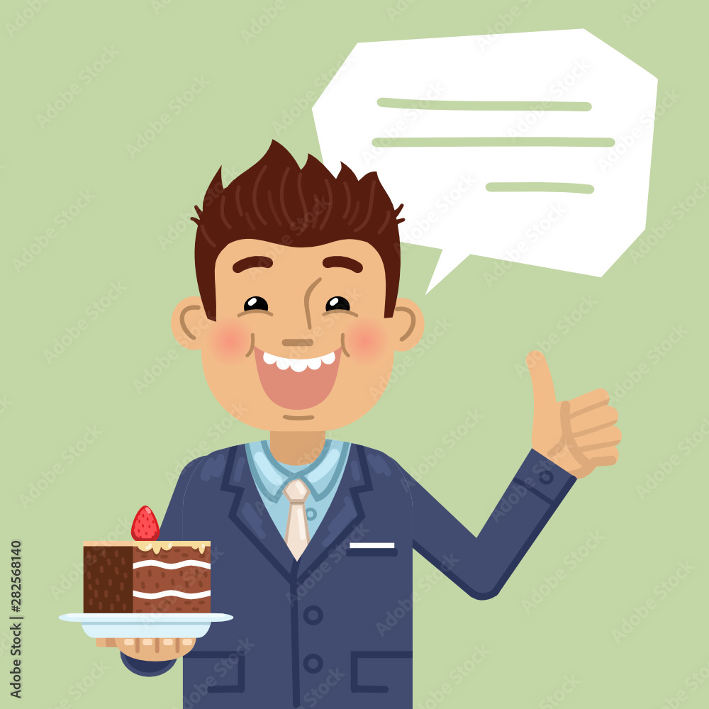 Illustration of a businessman with a cake. Cheerful businessman holding a cake on a plate and showing thumb up gesture. Flat style vector illustration. Illustration of a businessman with a cake. Cheerful businessman holding a cake on a plate and showing thumb up gesture. Flat style vector illustration.