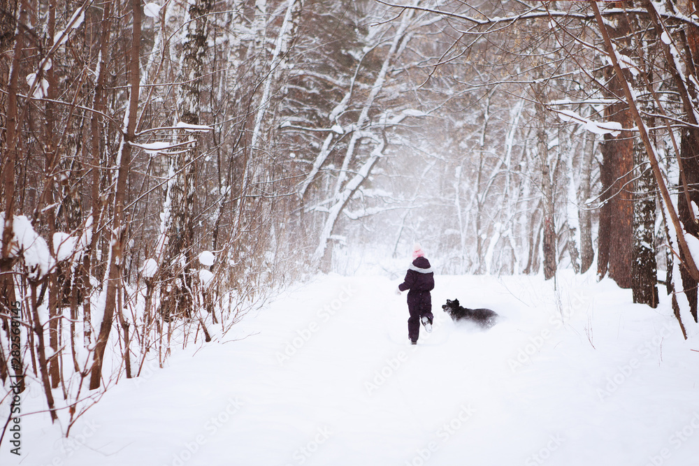 Teenager boy with a black labrador retriever in the winter forest.