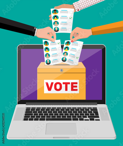 Ballot box, document with candidates on laptop screen. Hand with election bill. Vote paper with faces. Vector illustration in flat style