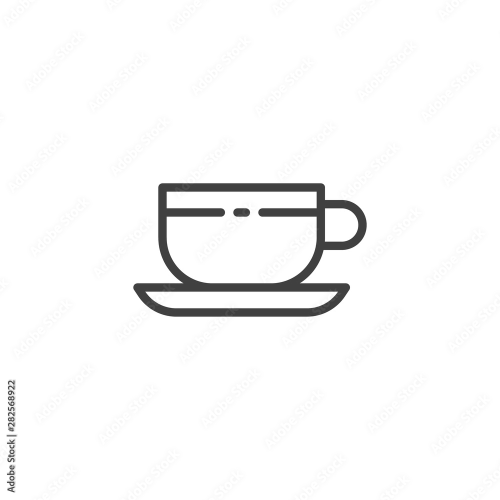 Tea cup line icon. Coffee linear style sign for mobile concept and web design. Cup, saucer outline vector icon. Symbol, logo illustration. Vector graphics Tea cup line icon. Coffee linear style sign for mobile concept and web design. Cup, saucer outline vector icon. Symbol, logo illustration. Vector graphics
