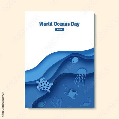 Paper cut butterflyfish, jellyfish, moonfish, turtle. Paper craft underwater ocean cave with fishes, coral reef, seabed in algae, waves. Diving concept, deep blue marine life. Vector sea wildlife