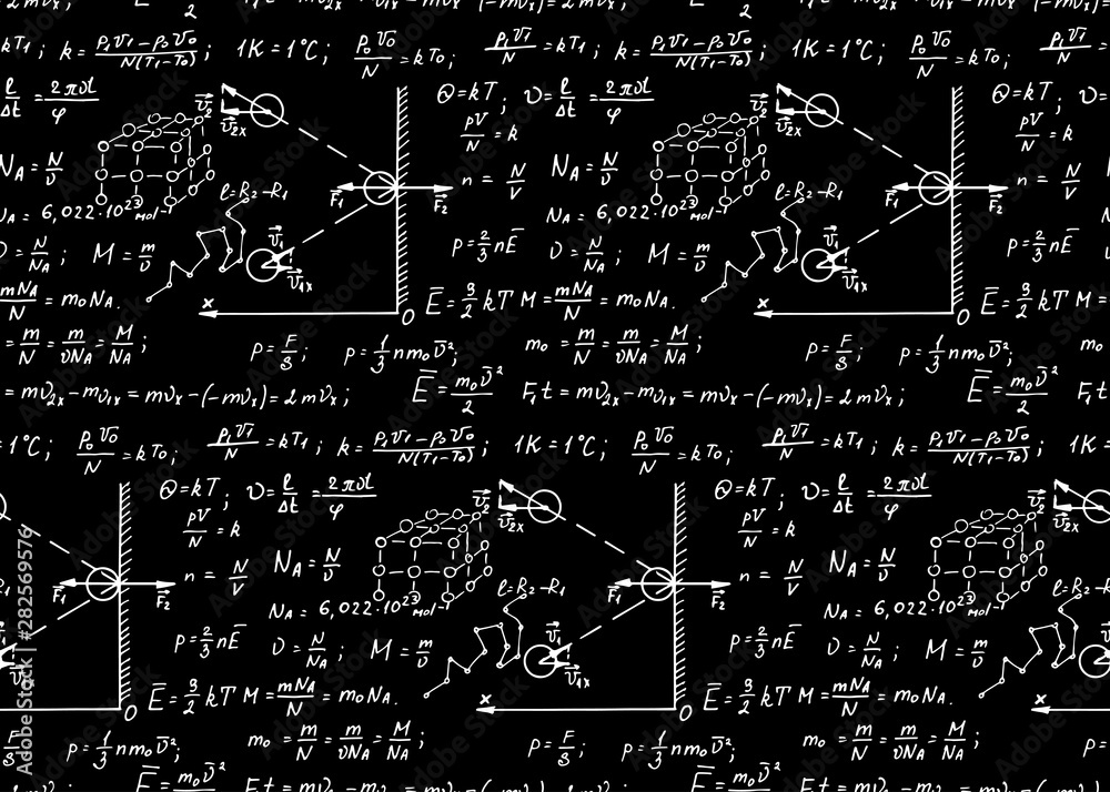 Physics seamless pattern with the equations, figures, schemes, formulas and other calculations on blackboard. Retro scientific and education handwritten vector Illustration. Physics seamless pattern with the equations, figures, schemes, formulas and other calculations on blackboard. Retro scientific and education handwritten vector Illustration.
