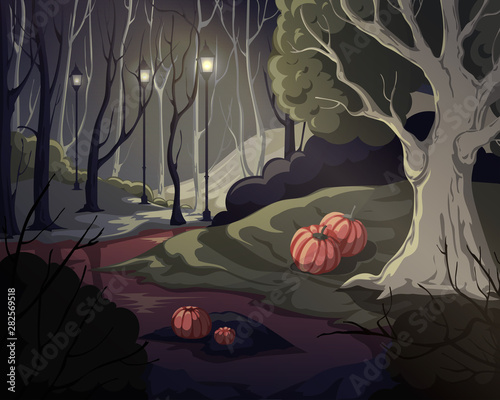 Creepy forest landscape with trees, swamp, lanterns and pumpkins. Mysterious scenery background. Vector illustration