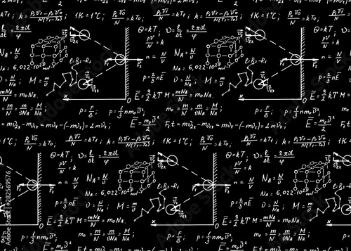 Physics seamless pattern with the equations, figures, schemes, formulas and other calculations on blackboard. Retro scientific and education handwritten vector Illustration.