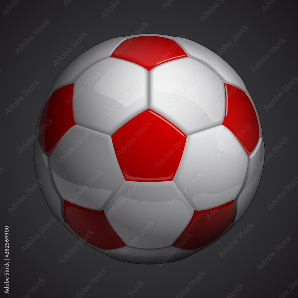 Fototapeta premium Football championship Design banner. Illustration banner with logo Realistic red glossy soccer ball Isolated on background. red classic leather football ball
