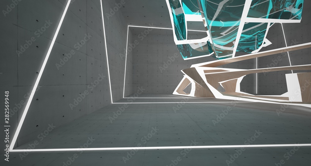 Abstract  concrete, glass and wood interior  with neon lighting. 3D illustration and rendering.
