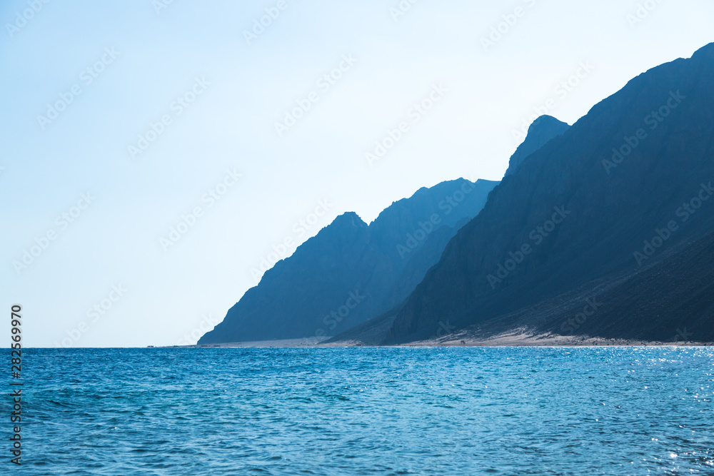 sea and mountains landscape at the sinai desert 