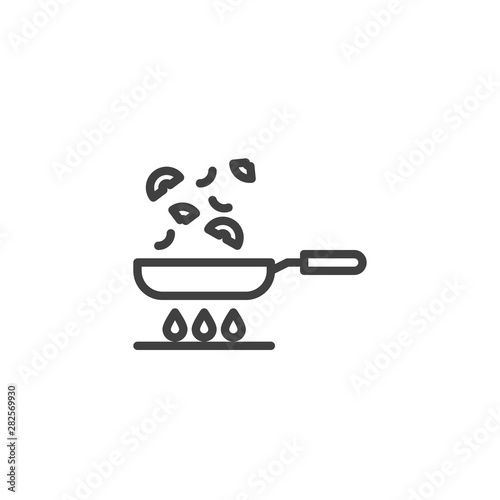 Frying vegetables on pan line icon. Cooking process linear style sign for mobile concept and web design. Frying pan on gas stove outline vector icon. Symbol, logo illustration. Vector graphics