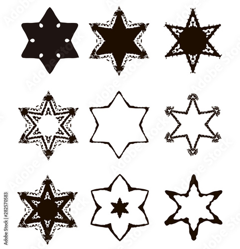 Vintage Star of David. Jewish six-pointed star. Set. Hand draw. Vector illustration on isolated background.