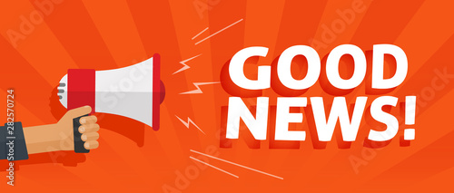 Good news information alert from hand with megaphone or loudspeaker vector illustration, flat cartoon announce notification banner horizontal sign image