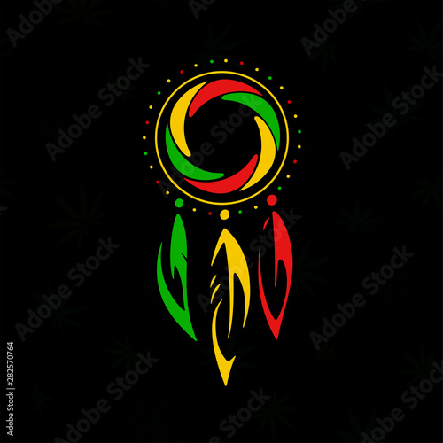 Rastafarian dreamcatcher. Handmade ethnic hoop with a three hanging feathers. Black seamless background with a dark invisible cannabis leaves. Charm, icon, logo, stamp, tattoo and print for T-shirts