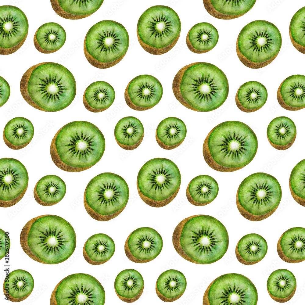 Fototapeta premium Kiwi fruit pattern Watercolor illustration Tropics food Digital paper Textile texture set Summer Botanical Spring Decoration Design Wallpaper on the wall Scrapbooking Postcard