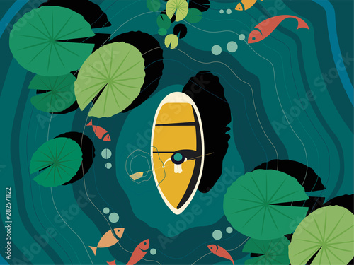 Top view a man sits in a boat and paddling in lake that there are big lotus leaves and a few fish in the lake too, flat line vector and illustration.