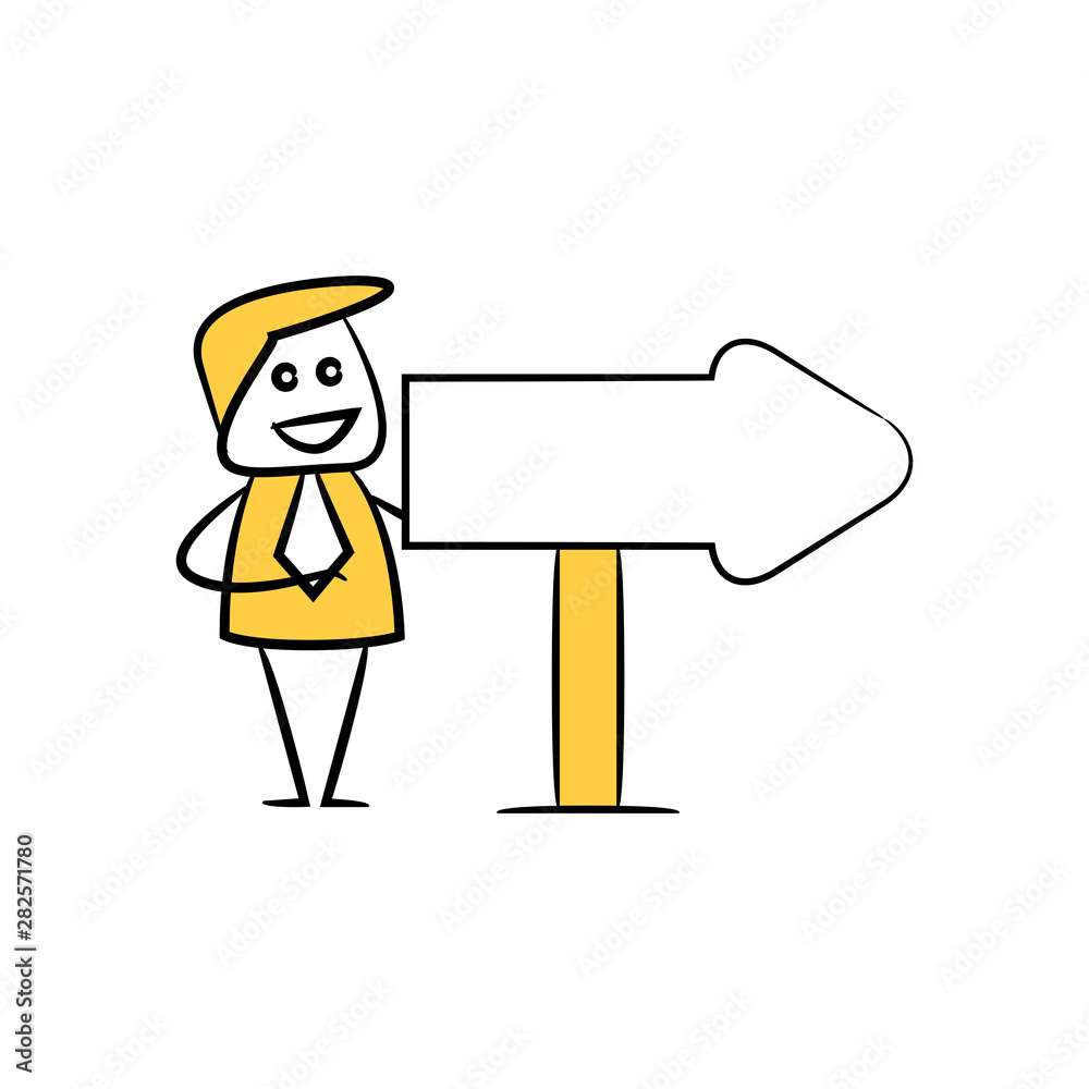 businessman and blank signage or signpost yellow stick figure theme businessman and blank signage or signpost yellow stick figure theme