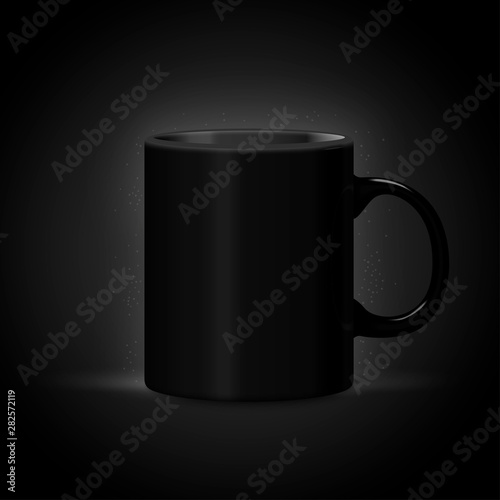Vector 3d realistic dark mug isolated on black background. Luxury mock-up for product package branding.
