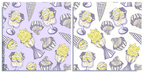 Vector set of seamless patterns with wonderful colorful cupcake, cone ice cream, a scoop of lemon ice cream in a bowls. Hand-drawn, graphic, style. Tender, soft, light, sleep color: yellow, purple