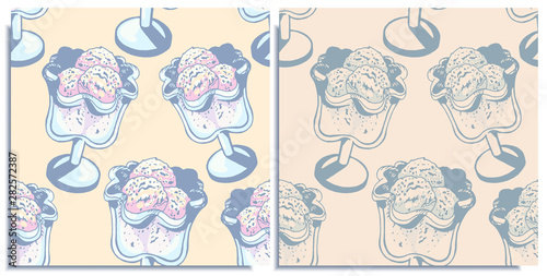 Vector set of seamless patterns with wonderful colorful cupcake, cone ice cream, a scoop of strawberry ice cream in a bowls. Hand-drawn, graphic, style. Tender, soft, light, sleep color: pink, blue