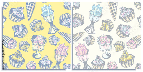 Vector set of seamless patterns with a wonderful balls cone ice cream,berry , lemon, flavor mint ice cream in bowls. Hand-drawn, graphic, style. Tender, soft, light, sleep color: blue, pink, yellow