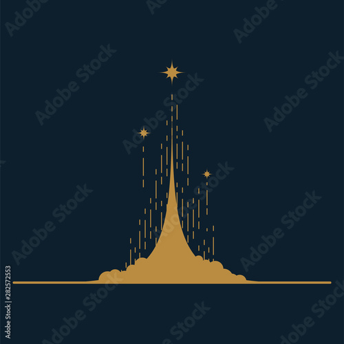 Rocket launch vector illustration concept with cloud dust and stars.