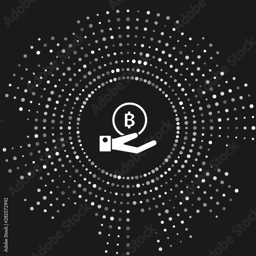 White Hand holding Bitcoin icon isolated on grey background. Blockchain technology, digital money market, cryptocoin wallet. Abstract circle random dots. Vector Illustration