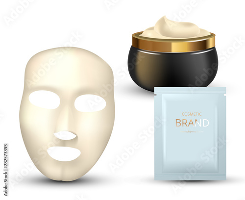 Facial Mask Cosmetics Packaging. Package design for face mask on white background. Cosmetics sachet and jar with creme.