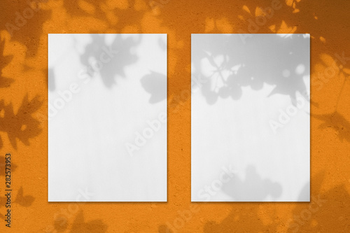 Two empty white vertical rectangle poster mockups with soft shadows on saturated dark yellow concrete wall background. Flat lay, top view