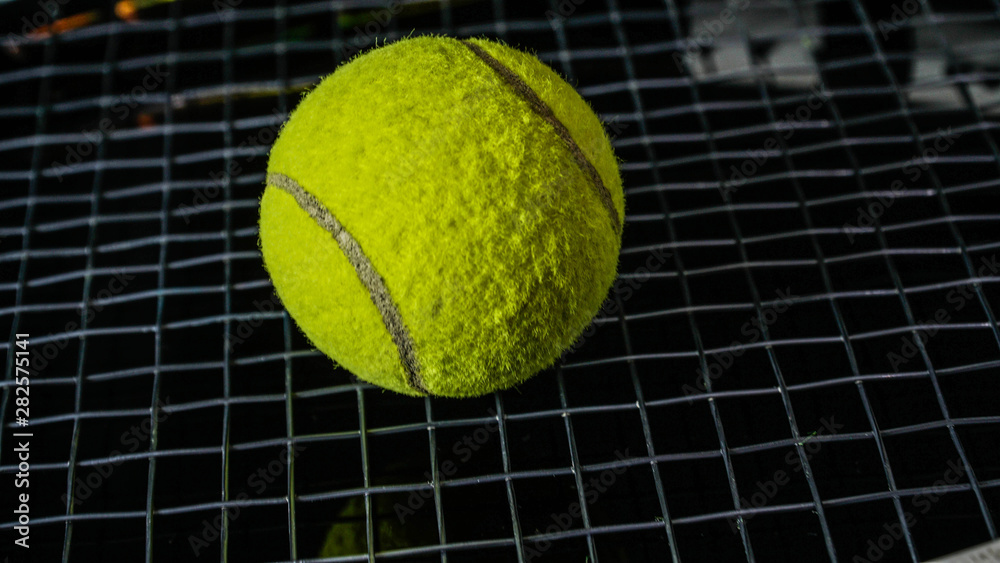 close up of green tennis ball above black racket string isolated in black