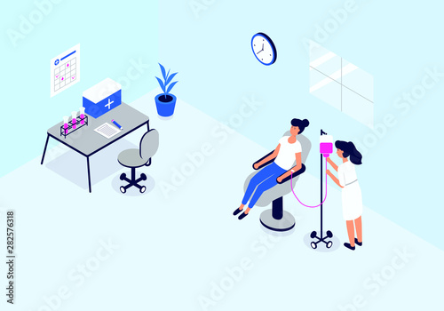 Isometric image of the blood transfusion station. Visualization of the concept of health care, the donor girl sitting in the chair the doctor checks the device. Vector illustration on white background