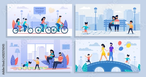 Cartoon Poster Set with Various Family Activities