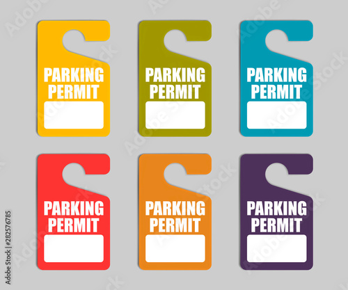Parking permit hang tag, color vector set. Hanging car pass with copy space