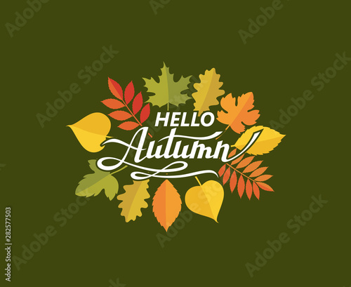 hello autumn lettering pattern with woody leaves isolated on dark background