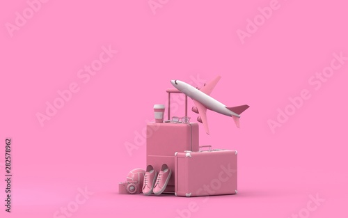 Traveling 3d rendering background. Trip concept. Tourist luggage. Traveler bag. Modern pastel color. Plain fly. Vocation. Summer holiday. Voyage. Adventure.