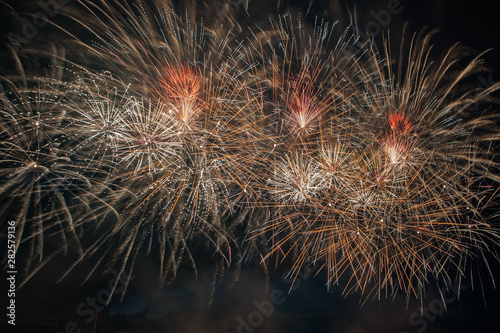 Colorful fireworks close up  fireworks explosion in dark sky. Free space for text. 