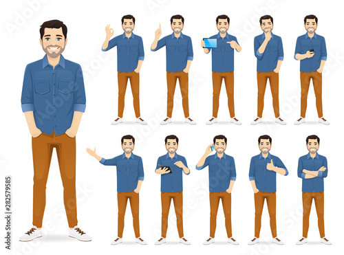 Man in casual outfit set with different gestures isolated