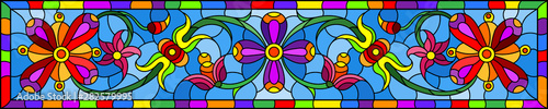 Illustration in stained glass style with abstract  swirls,flowers and leaves  on a blue background in bright frame,horizontal orientation